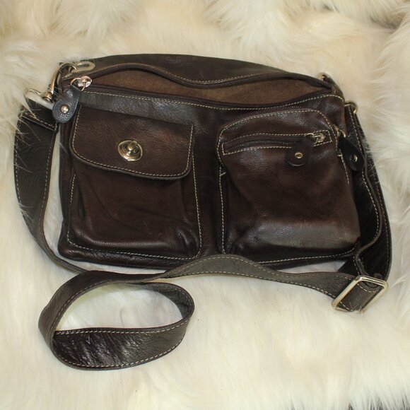 VTG Roots Travel Brown Shoulder leather Bag 9"x10"x1" - Picture 5 of 9